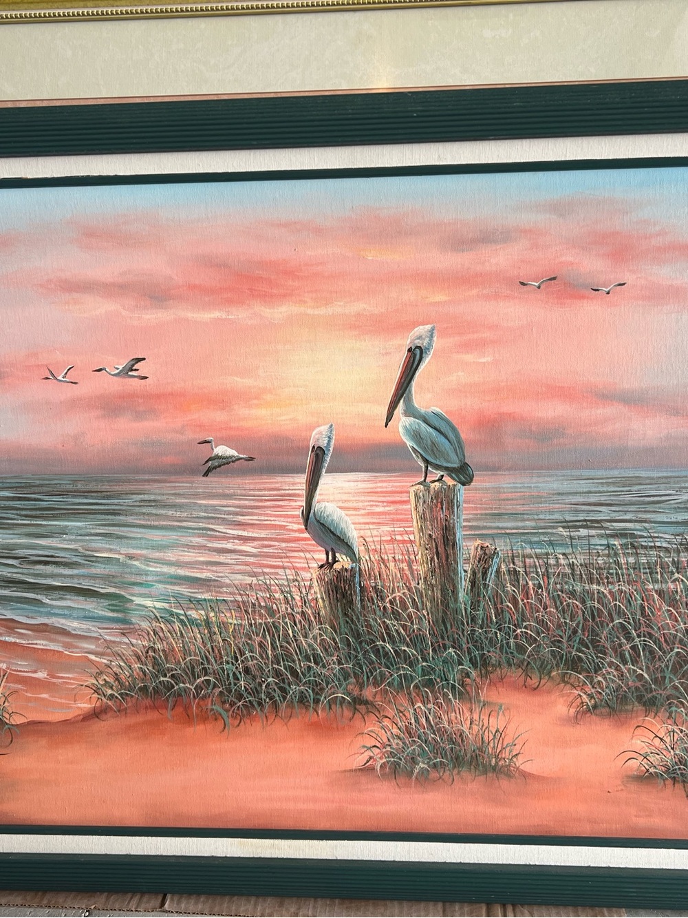 Coastal Pelican Sunset Canvas Wall Art - Pink & Blue